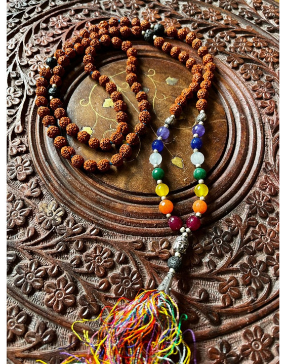 MALA De lux – RUDRAKSHA – čakrové minerály+ Lávový kameň  (010)