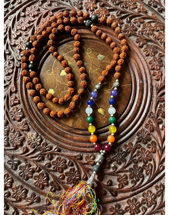 MALA De lux – RUDRAKSHA – čakrové minerály+ Lávový kameň  (010)