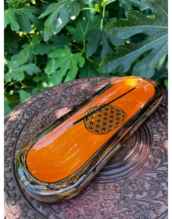 Drevený stojan pod vonné tyčinky - kvet života - oranžový