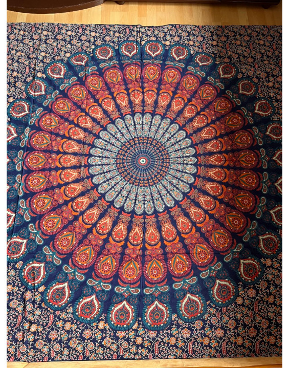 Indická plachta veľká - MANDALA - 230×210 cm - tmavomodro oranžová