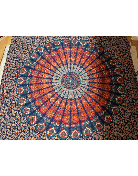 Indická plachta veľká - MANDALA - 230×210 cm - tmavomodro oranžová