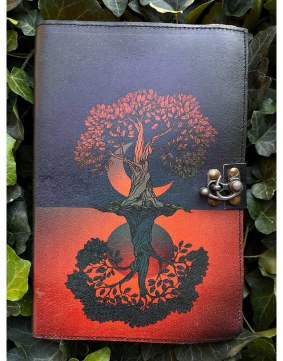 Kožený zápisník - ručný papier veľký - Strom deň a noc