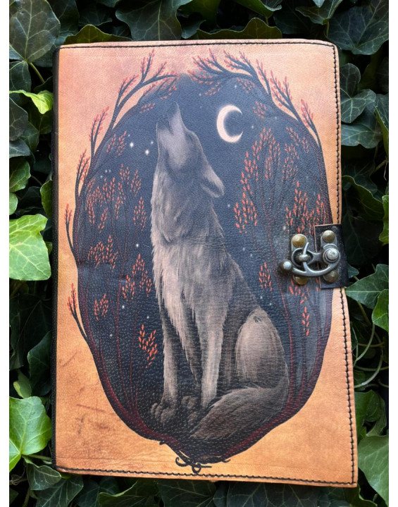 Kožený zápisník - ručný papier veľký - Zavýjajúci vlk