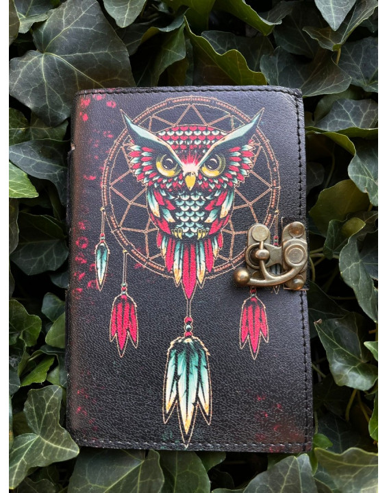 Kožený zápisník ručný papier malý - Lapač snov so sovou
