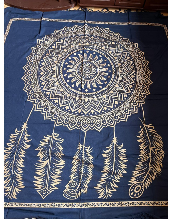 Indická plachta veľká - MANDALA LAPAČ SNOV - 230×210 cm - tmavomodro zlatá
