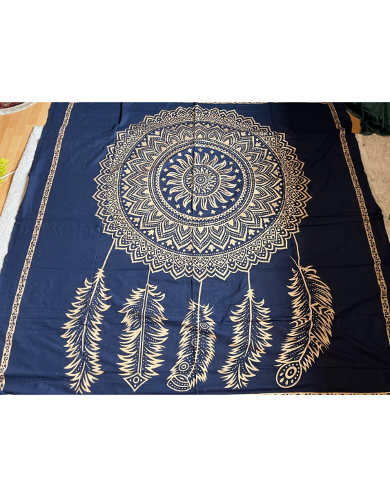 Indická plachta veľká - MANDALA LAPAČ SNOV - 230×210 cm - tmavomodro zlatá