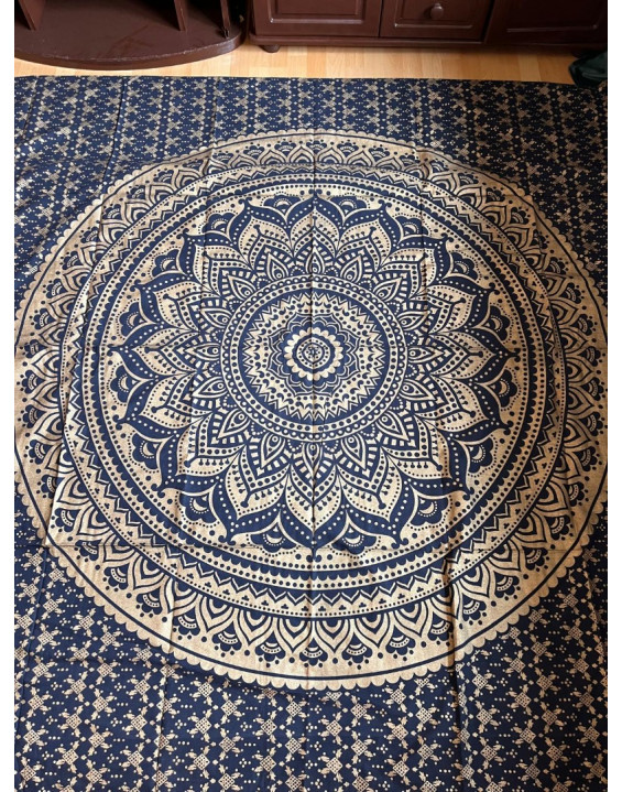 Indická plachta veľká - MANDALA KVET - 230×210 cm - tmavomodro zlatá