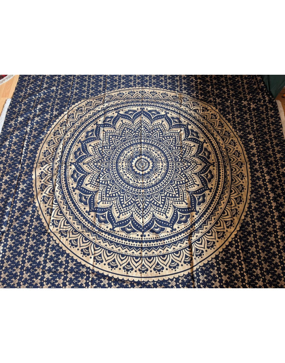 Indická plachta veľká - MANDALA KVET - 230×210 cm - tmavomodro zlatá