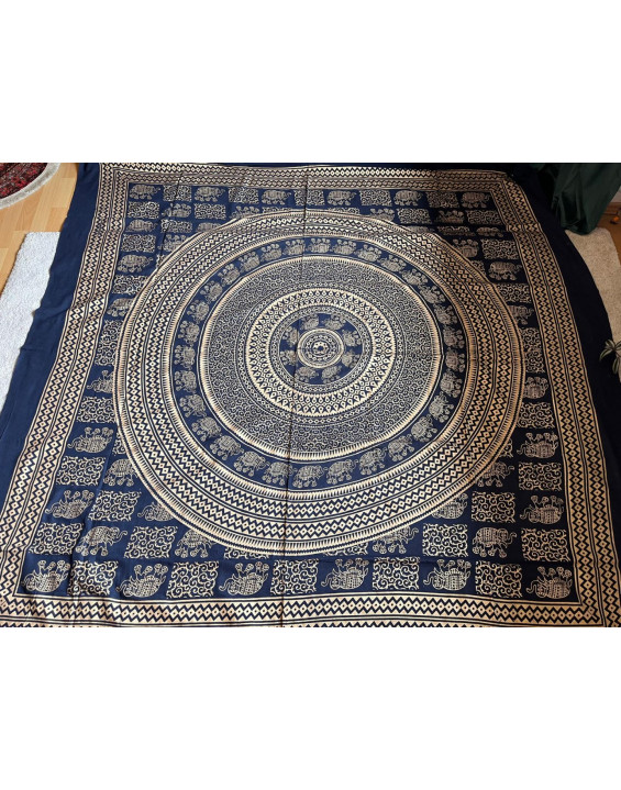 Indická plachta veľká - MANDALA SLONY - 230×210 cm - tmavomodro zlatá