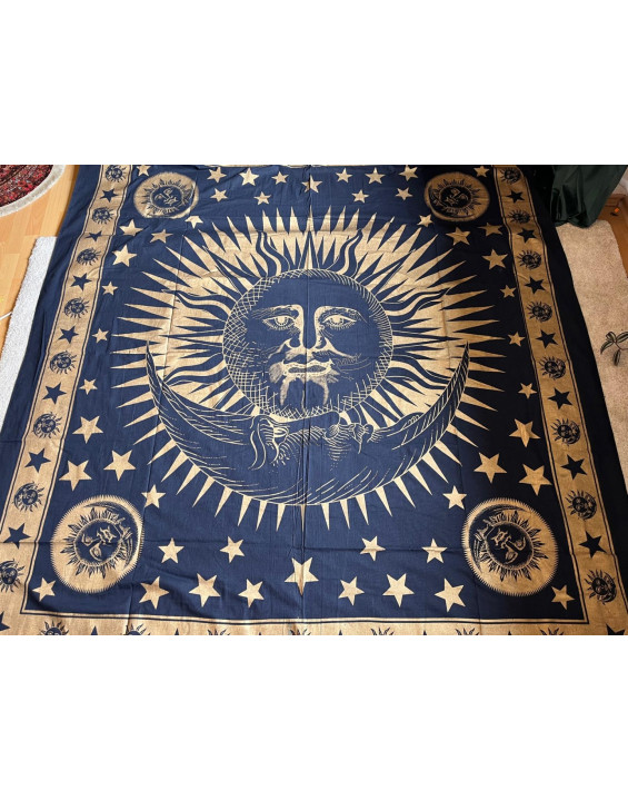 Indická plachta veľká - SLNKO a MESIAC - 230×210 cm - tmavomodro zlatá