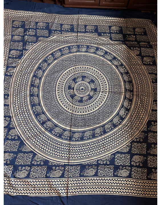 Indická plachta veľká - MANDALA SLONY - 230×210 cm - tmavomodro zlatá